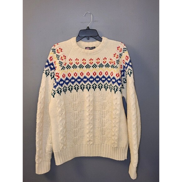 VTG Lord Jeff Sweater Men L White Fair Isle Cable Knit Crew Nordic 100% Wool USA - Picture 2 of 5
